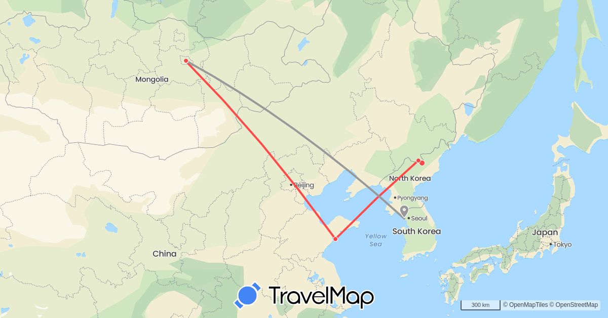 TravelMap itinerary: driving, plane, hiking in China, North Korea, South Korea, Mongolia (Asia)